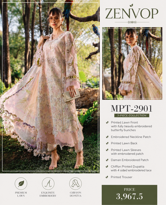 Zenvop ZNP-2901 – Premium Embroidered Printed Lawn & Chiffon 3-Piece Collection