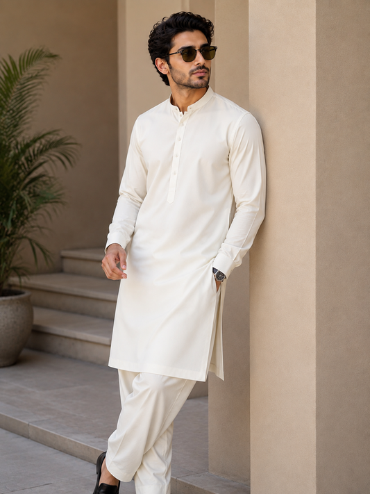 Men’s Cream White Boski Unstitched Suit – Premium Fabric