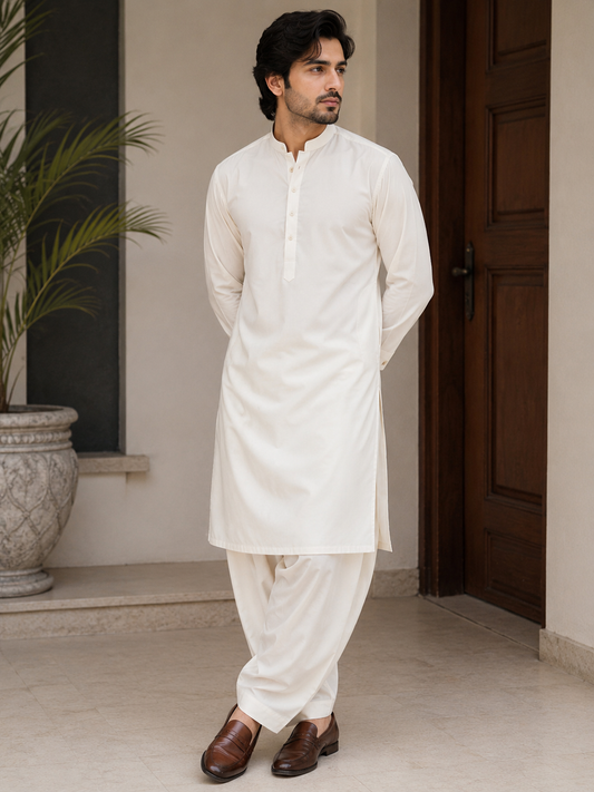 Premium Boski Milk White – Men’s Unstitched Shalwar Kameez Fabric