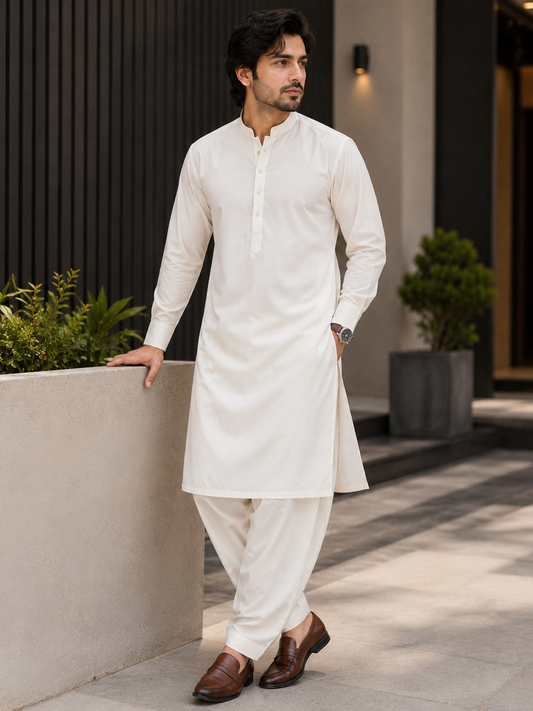 Premium Pure White Boski – Men’s Unstitched Shalwar Kameez Fabric