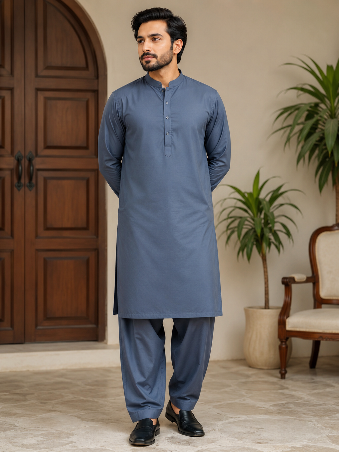 Men's Steel Blue Cotton Unstitched Suit