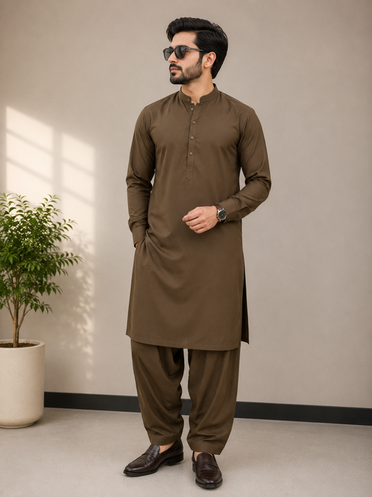 Men's Dark Brown Cotton Unstitched Suit