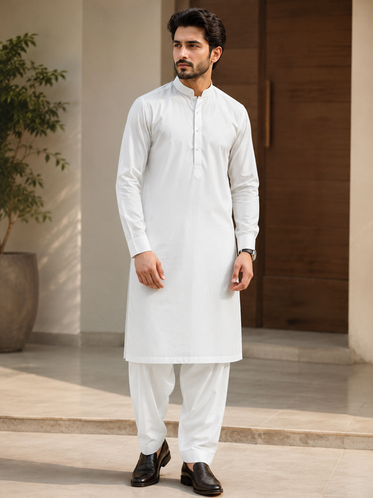 Men's White Cotton Unstitched Suit