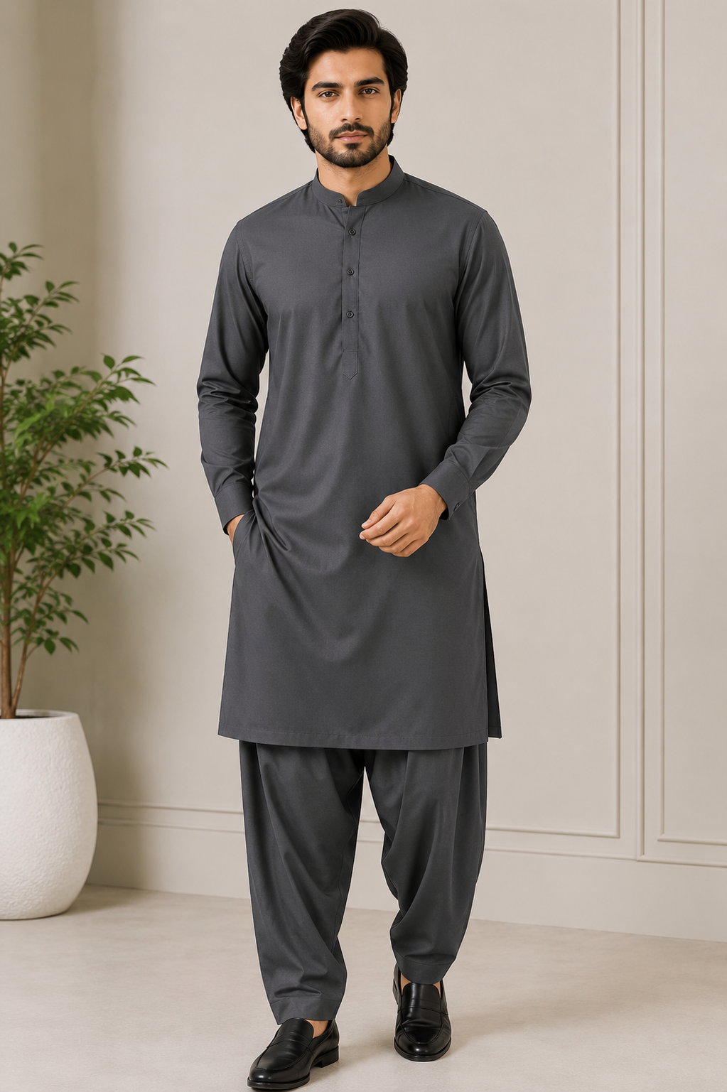 Dark Charcoal Gray Washing Wear Men's Shalwar Kameez
