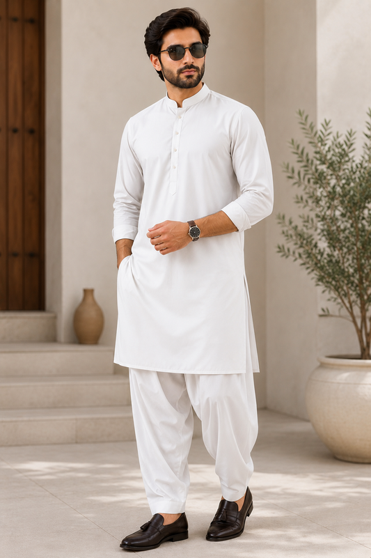 Men's White Tybo Wash & Wear Unstitched Suit