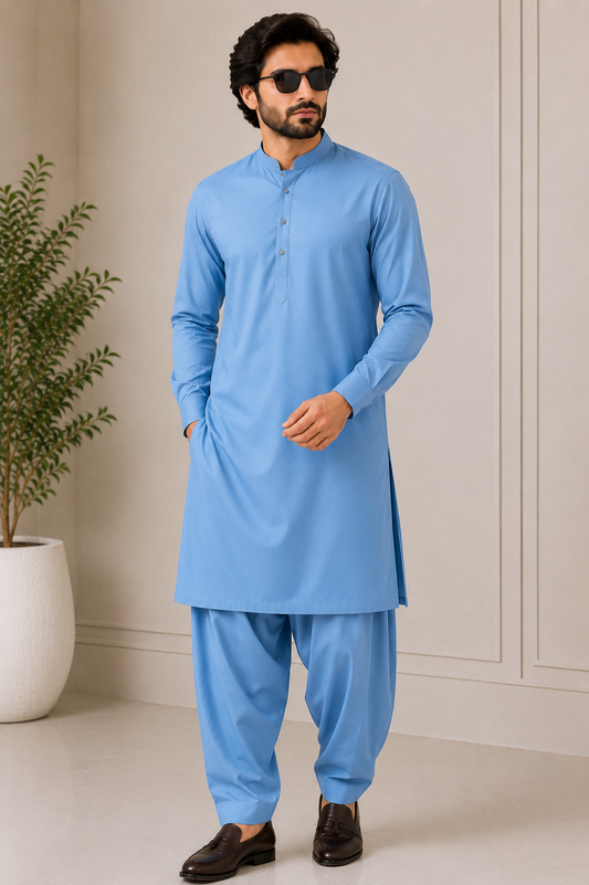 Men's Dark Sky Blue Tybo Wash & Wear Unstitched Suit