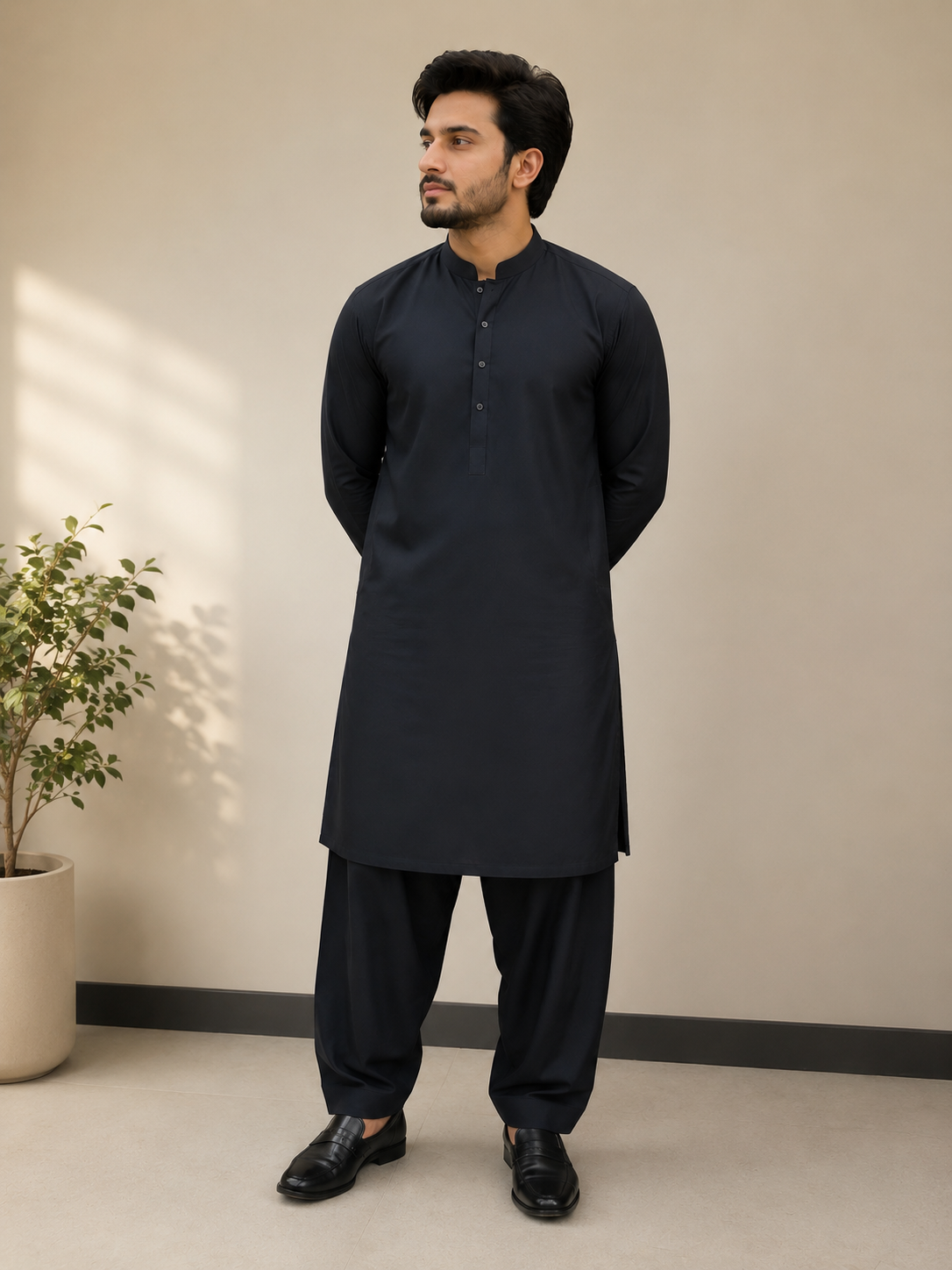 Men's Black Cotton Unstitched Suit